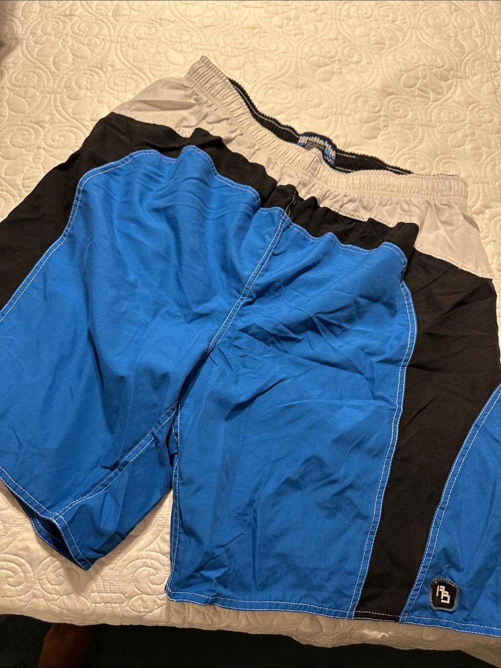 Men's Blue and Black Swim Trunks with Light Gray Waistband